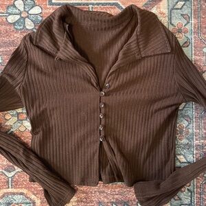 Brown Ribbed Button-Up Cardigan Crop Top
